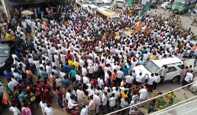 Tamil Nadu BJP workers take part in the party's 'Vetrivel Yatra in Thiruvallur district | PTI