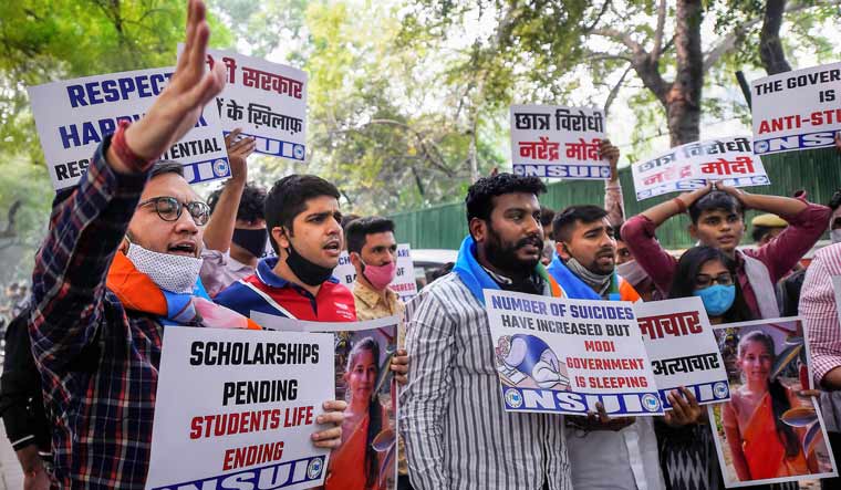 NSUI activists protest outside the residence of Union Education Minister Ramesh Pokhriyal 'Nishank' demanding justice for Aishwarya Reddy, in New Delhi | PTI