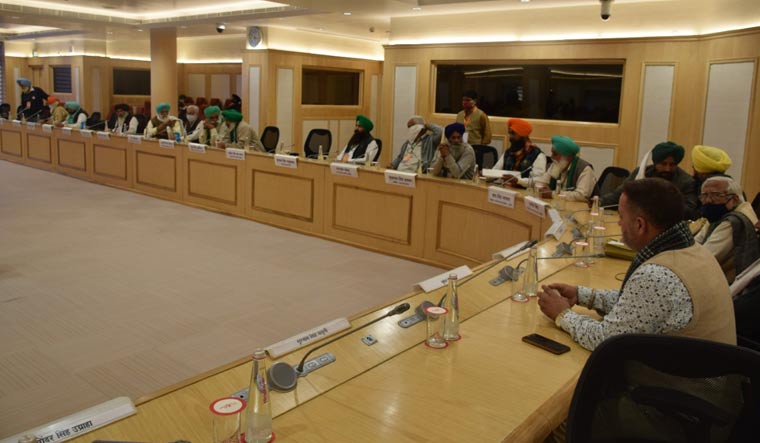 Members of various farmers unions during their meeting with Union ministers at Vigyan Bhawan | Aayush Goel