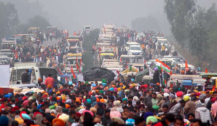 Farmers take part in a protest against the Center's new farm laws at Shambhu border in Patiala | PTI