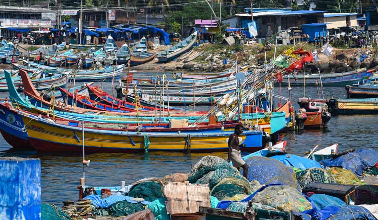 Fishing boats anchored at Vizhinjam beach after the India Meteorological Department issued a cyclone alert for Tamil Nadu and Kerala coastal areas | PTI
