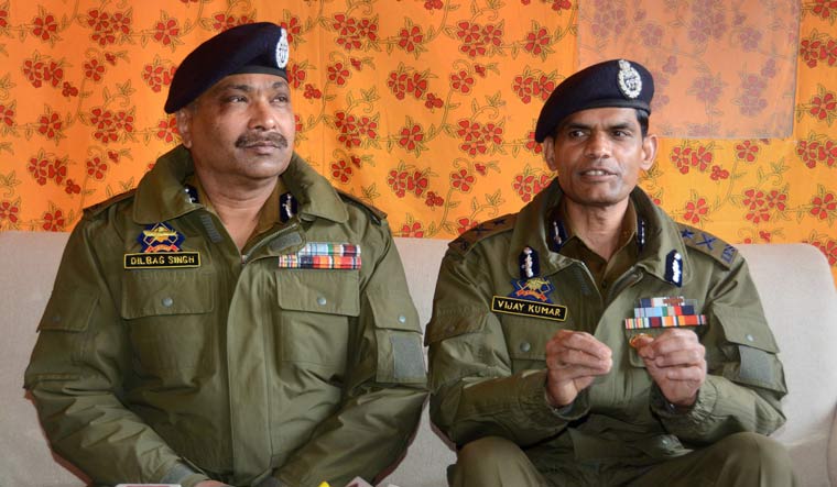Director General of Jammu and Kashmir Police Dilbagh Singh along with Inspector General of Police Vijay Kumar addresses a press conference in Srinagar | PTI