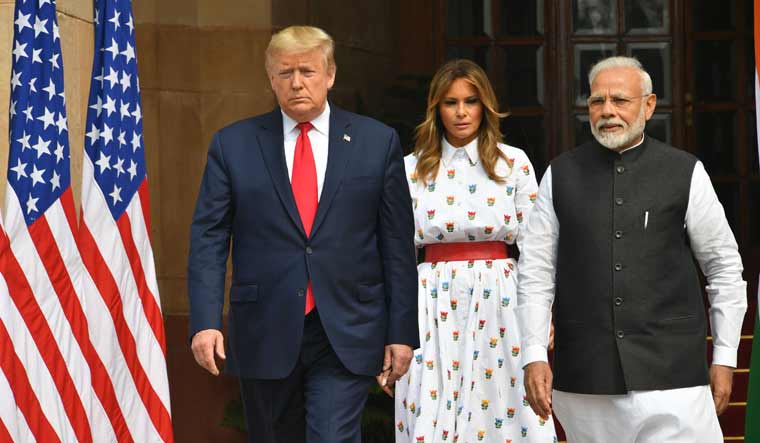Prime Minister Narendra Modi with US President Donald Trump and US First Lady Melania Trump at Hyderabad House in New Delhi | Arvind Jain