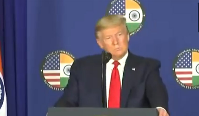 Donald Trump addressing media at Hyderabad House | Twitter/ANI