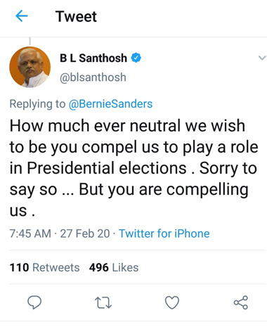 Screenshot of the deleted tweet by B.L. Santhosh
