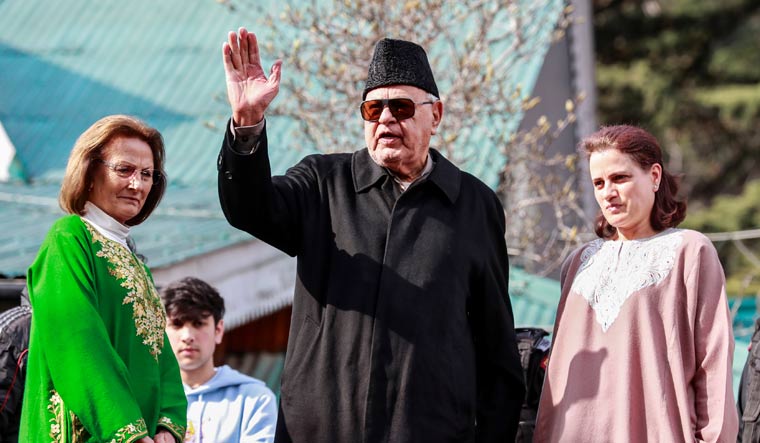 Farooq Abdullah speaks to media after his release at his residence in Srinagar | Reuters