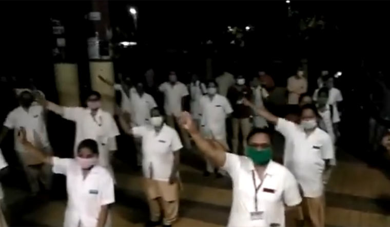 Doctors and other medical staff stage a protest outside the Malegaon General hospital  on Wednesday | Video grab/Twitter