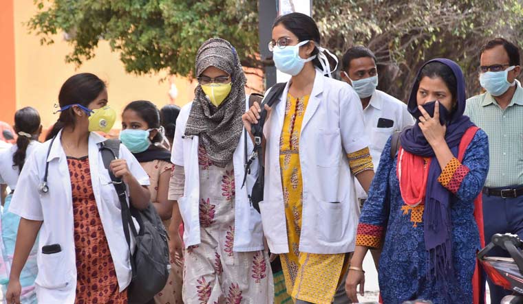 Medical staff wears masks as prevention against coronavirus, at Gandhi Hospital in Hyderabad | PTI
