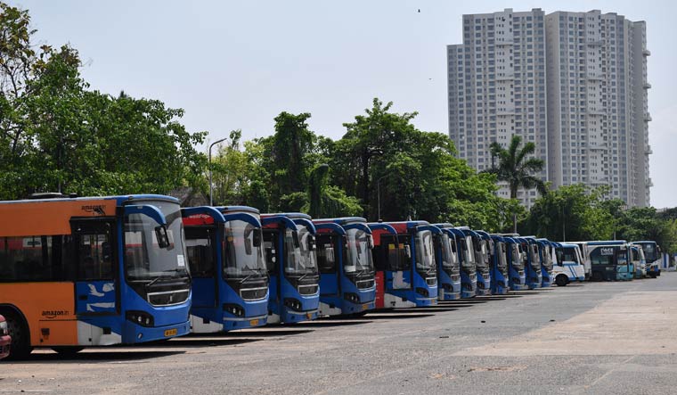 Buses are seen parked at a depot during lockdown in Kolkata | Salil Bera