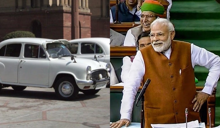 A collage showing an Ambassaor car (via Wikipedia Commons) and PM Narendra Modi in Parliament (PTI)