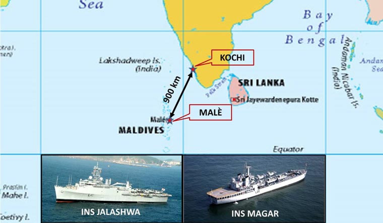 An image released by Press Information Bureau showing the two ships and the planned route for Operation Samudra Setu 