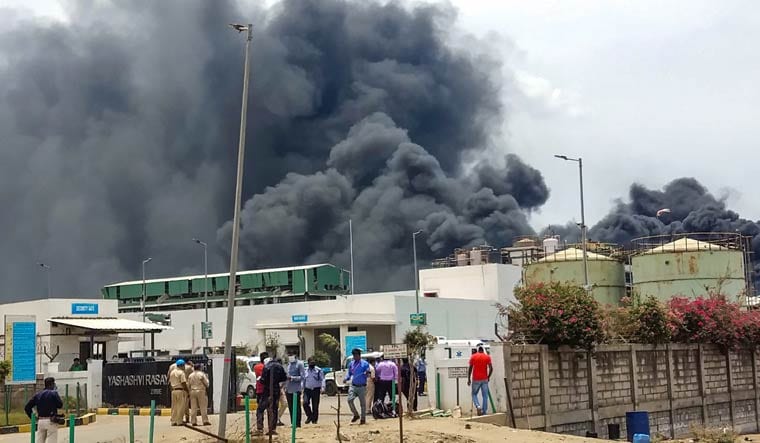 Plumes of smoke rise from the building of a chemical factory after a major fire broke out triggered due to a blast, at Dahej Industrial Estate in Bharuch district of Gujarat, Wednesday, June 3, 2020 | PTI