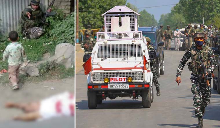 (Left) One of the viral images showing a three-year-old boy walking towards a CRPF personnel after his grandfather was killed in a terrorist attack, (Right) Security forces patrol in Soppore, Baramullah, following an attack on CRPF forces | Twitter, PTI