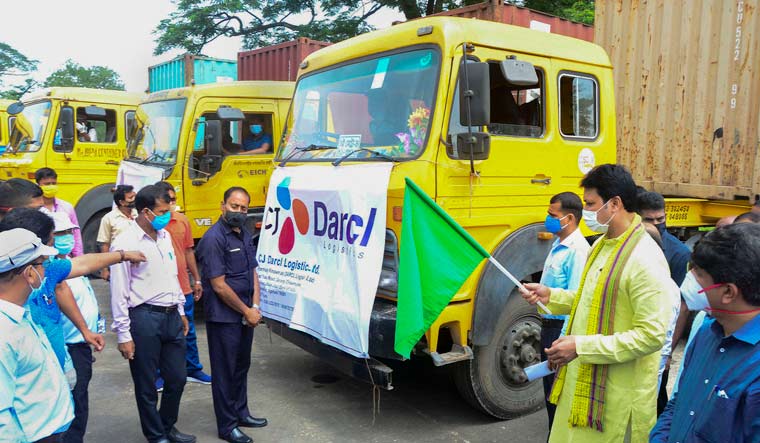 Tripura CM Biplab Kumar Deb during a flag off ceremony of transshipment of goods from Kolkata to Tripura via Chattogram Port, at India-Bangladesh border in Agartala | PTI