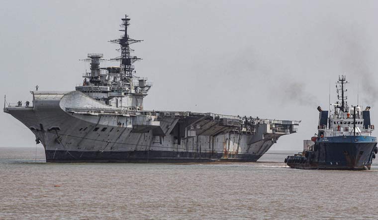 INS Viraat arrives at Alang ship breaking yard after it was decommissioned by the Indian Navy, at Alang in Bhavnagar | PTI