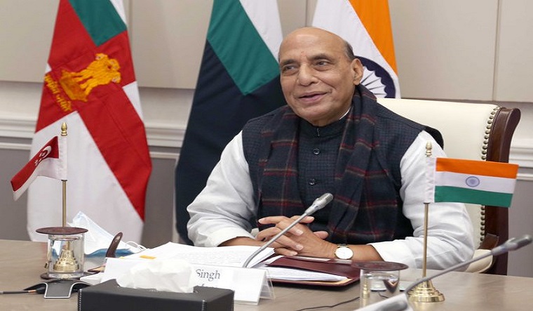 Defence Minister Rajnath Singh during the 5th Defence Ministers dialogue between India and Singapore | Twitter/PIB