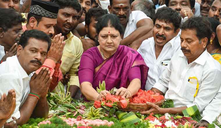VK Sasikala pays tribute at former Tamil Nadu chief minister J Jayalalithaa's memorial at Marina Beach, in Chennai | PTI