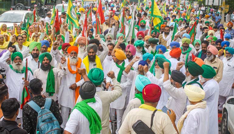 [File] Farm leaders and farmers stage a protest over violence in Lakhimpur Kheri on Sunday, in Patiala | PTI