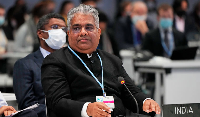 Environment minister Bhupender Yadav attends a stocktaking plenary session at the COP26 Climate Summit in Glasgow | AP