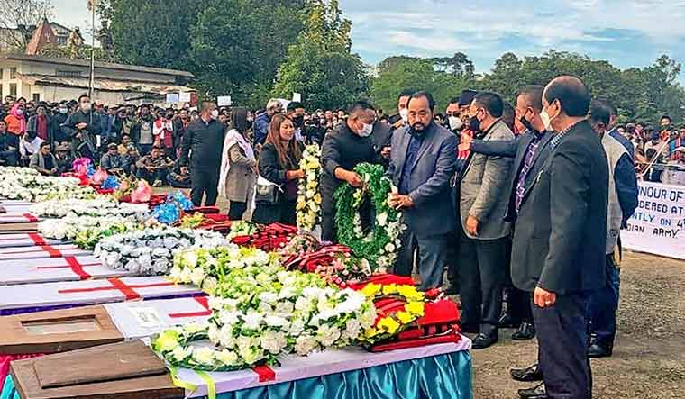 Relatives and locals pay last tributes to those who were allegedly killed by the armed forces in Nagaland's Mon district | PTI