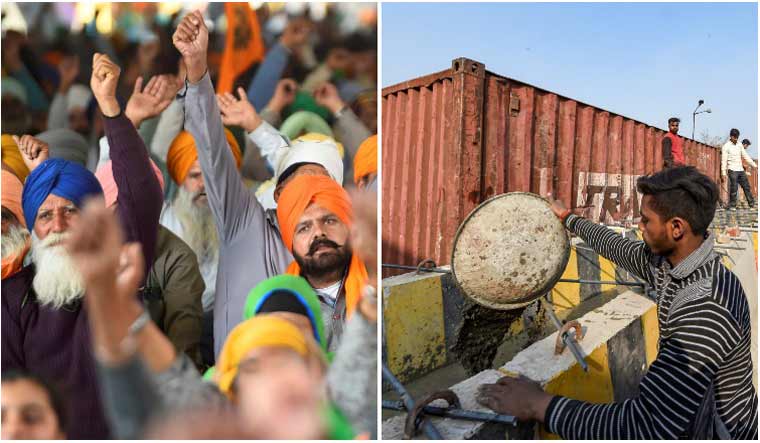 Farmers at Singhu border during their ongoing protest against the new farm laws; (right) barricades being set up as part of security enhancements by the police  at Singhu Border | PTI