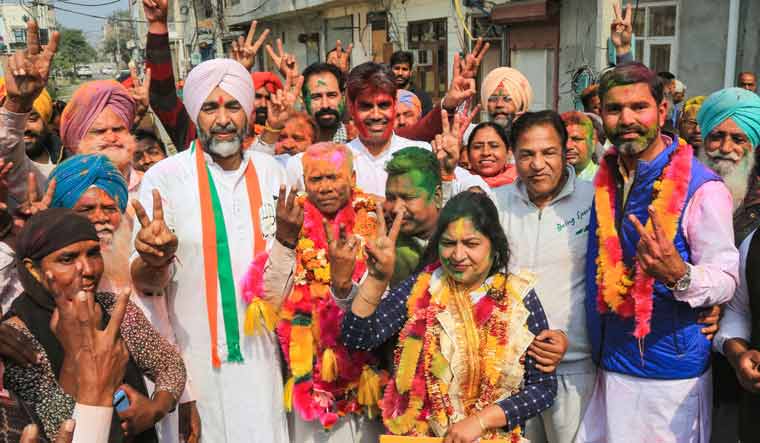 Punjab Finance Minister and Congress leader Manpreet Singh Badal meets the winning candidates of his party after the results of municipal corporation elections were declared in Bathinda |  PTI