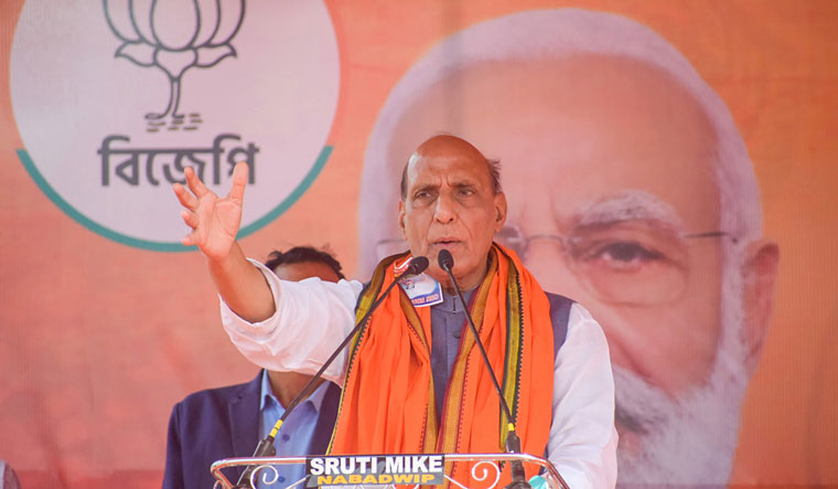 Union Defence Minister Rajnath Singh addresses a public meeting at Simlapal in Bankura district of West Bengal | PTI