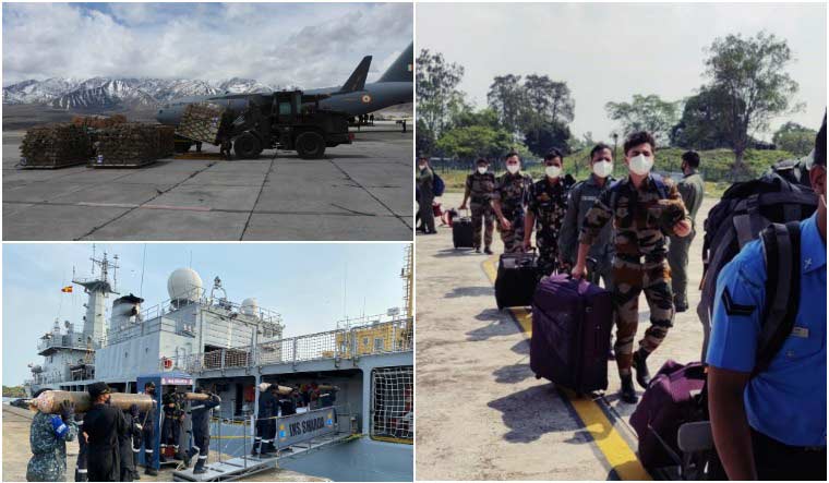 Clockwise from top-left: An IAF GlobeMaster III ferries Covid-19 testing machinery and equipment from Air Force Stations Chandigarh and Jammu to Leh, Rapid Action Medical Team (RAMT) are airlifted from Air Force Stations Jorhat and Kalaikunda for the COVID hospital at Hindan, Southern Naval Command deputes Navy ships to ferry oxygen cylinders to Lakshadweep and Minicoy | Twitter handles of Armed Forces accounts
