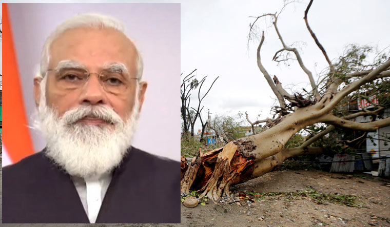 [Left] Prime Minister Narendra Modi; [Right] A tree lies uprooted due to strong winds near Una Town in Gir Somnath district | PTI