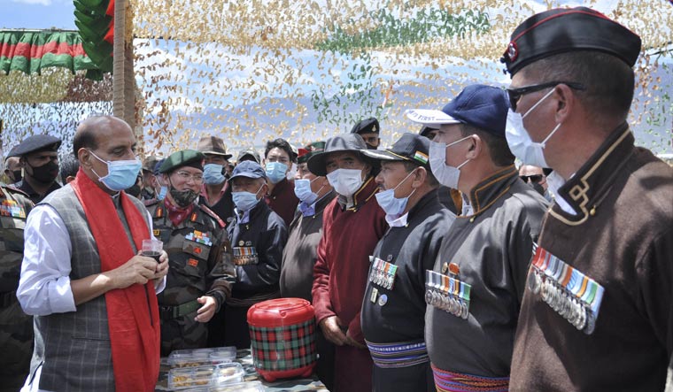 Defence Minister Rajnath Singh interacting with the veterans in Leh | PTI