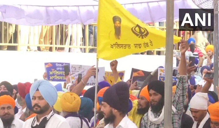 A flag with the image of Jarnail Singh Bhindranwale at the Golden Temple premises | Twitter handle of ANI