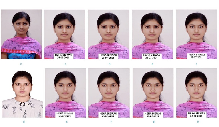 The collage shows how the photos of Julie Kumari and Hina Biswas, a candidate, were morphed in the NEET exam card. The bottom left is the original photo of Julie |Source:Varanasi Police