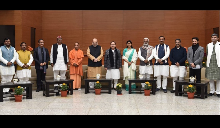 Union Home Minister Amit Shah, BJP president J.P. Nadda and UP CM Yogi Adityanath along with leaders of the NDA allies | Twitter
