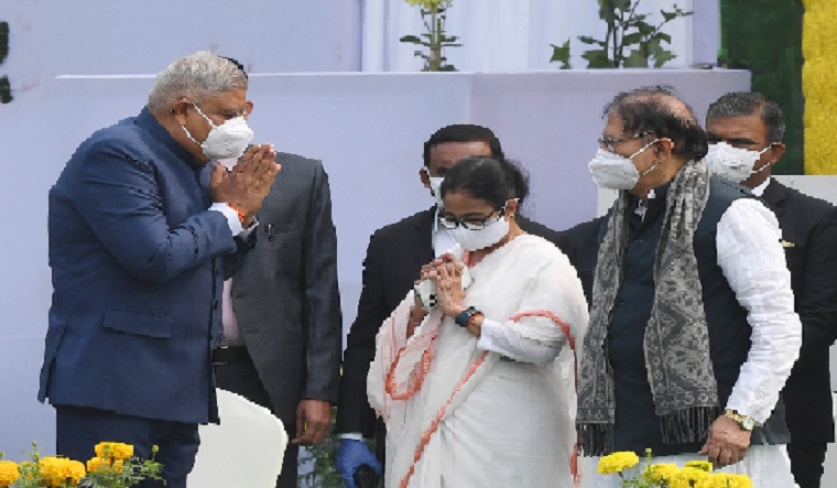 Governor Jagdeep Dhankhar greets Chief Minister Mamata Banerjee at the Republic Day event in Kolkata | Salil Bera