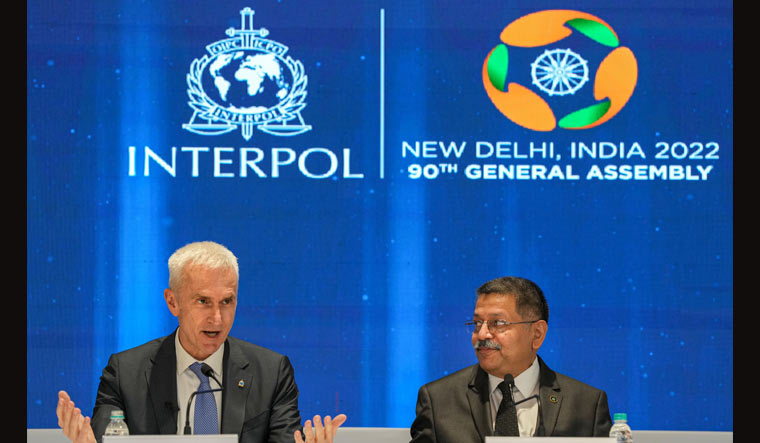 Jurgen Stock, Secretary General, Interpol and Praveen Sinha, Special Director, CBI, address a press conference ahead of the 90th Interpol General Assembly in Delhi | PTI