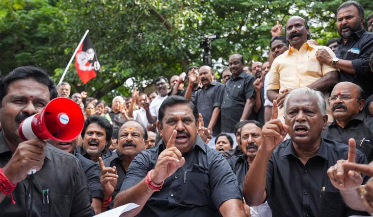 AIADMK interim general secretary Edappadi K. Palaniswami with party MLAs during a protest against Tamil Nadu Assembly Speaker Apavoo at Valluvarkottam in Chennai | PTI