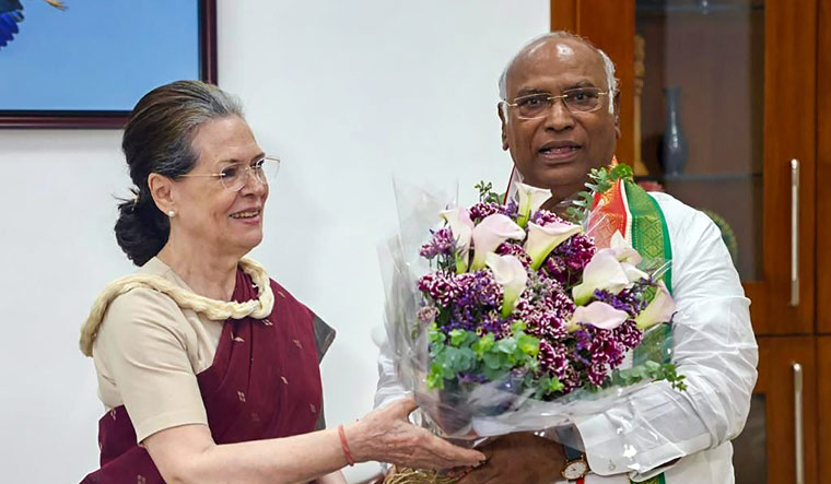 Congress leader Sonia Gandhi with newly elected party president Mallikarjun Kharge | PTI