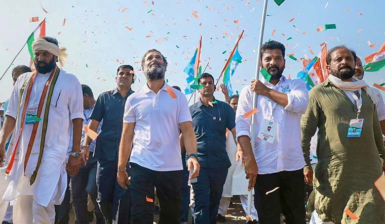 Congress leader Rahul Gandhi with party leader Revanth Reddy during the party's 'Bharat Jodo Yatra', in Raichur district of Karnataka | PTI