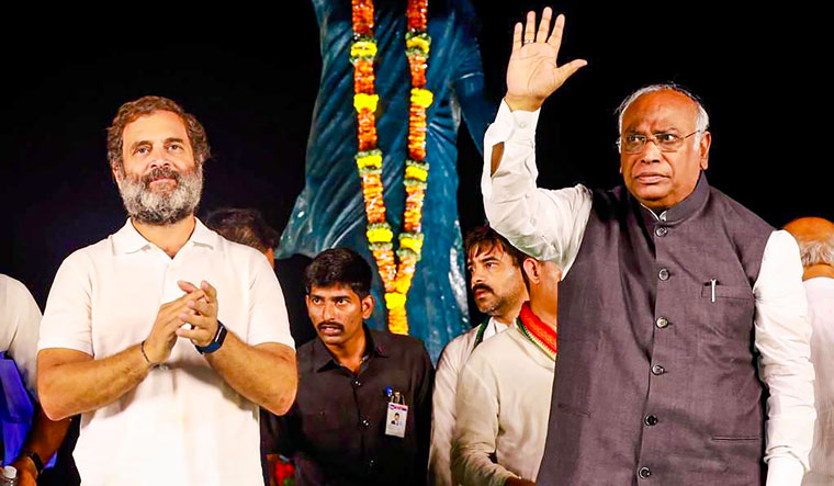 Congress leader Rahul Gandhi with party president Mallikarjun Kharge at a public meeting during the 'Bharat Jodo Yatra', in Hyderabad | PTI