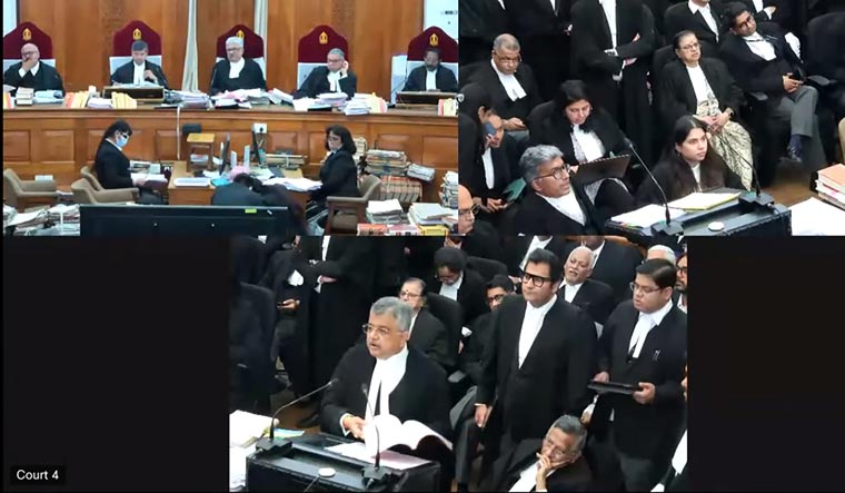 A Constitution bench headed by Justice K.M. Joseph hearing a batch of pleas seeking a collegium-like system for the appointment of Election Commissioners and Chief Election Commissioner | Video grab / PTI