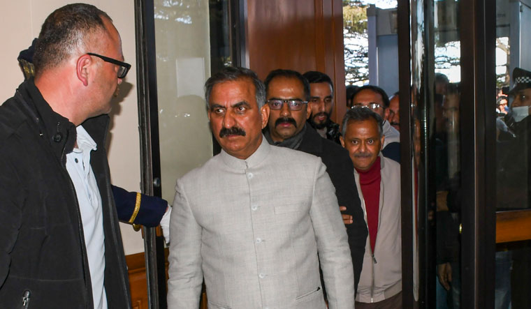 Congress MLA Sukhvinder Singh Sukhu arrives at party office to attend a meeting in Shimla | PTI