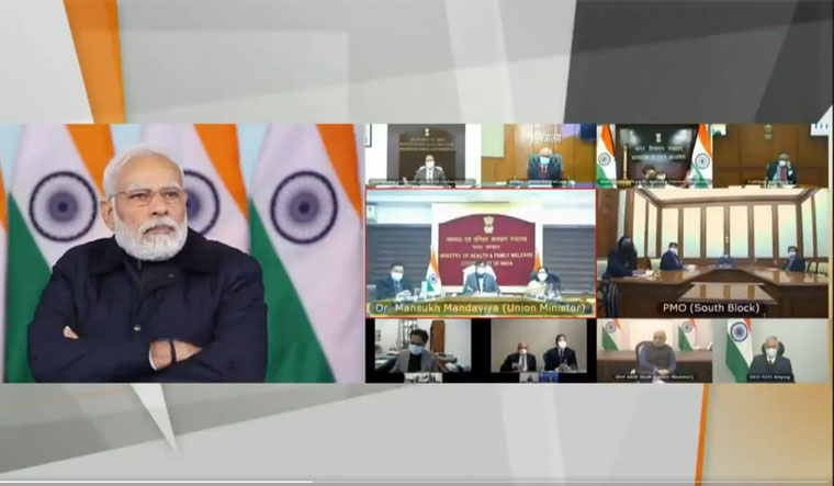 Prime Minister Narendra Modi chairs a review meeting on the Covid-19 situation | Twitter/PIB