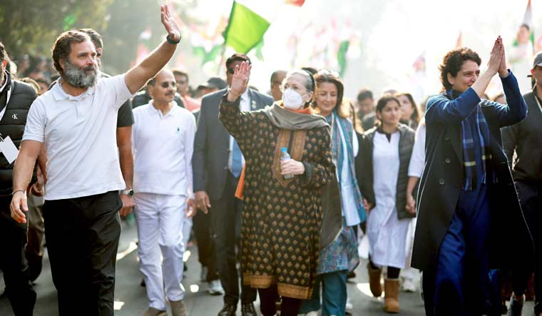Congress leader Rahul Gandhi with his mother and party leader Sonia Gandhi and his sister and General Secretary Priyanka Gandhi Vadra during the Bharat Jodo Yatra, in New Delhi, Saturday, Dec. 24, 2022 | PTI

