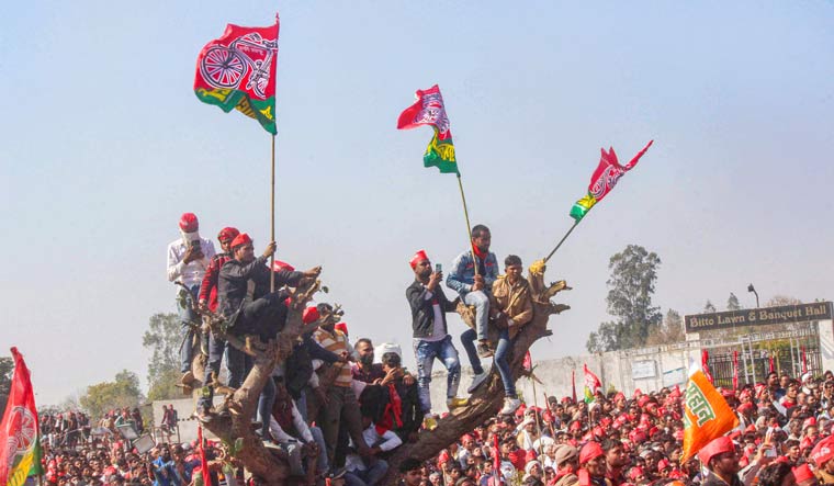 SP supporters hold party's flags during a public meeting of party president Akhilesh Yadav in Buduan | PTI
