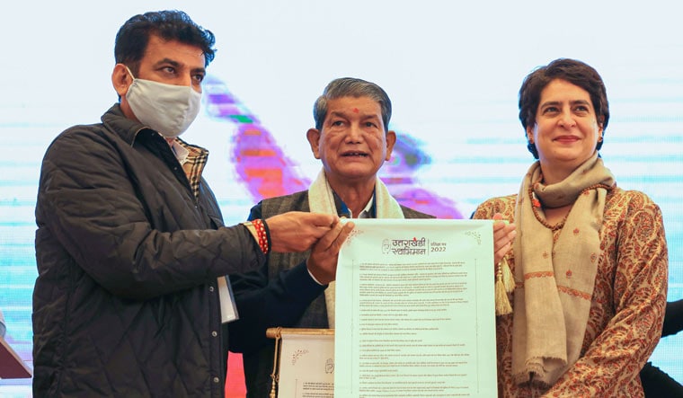 Congress general secretary Priyanka Gandhi Vadra along with Uttarakhand Congress Campaign Committee Chairman Harish Rawat releases party's manifesto for the Assembly elections | PTI