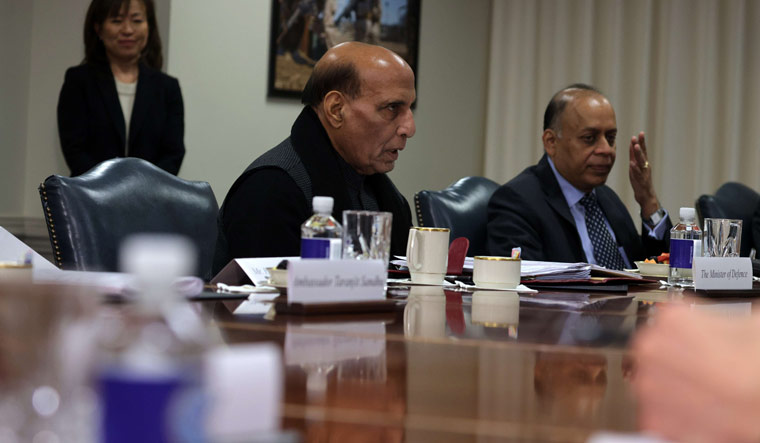 Defence Minister Rajnath Singh attends a meeting with U.S. Secretary of Defense Lloyd Austin at the Pentagon | AFP