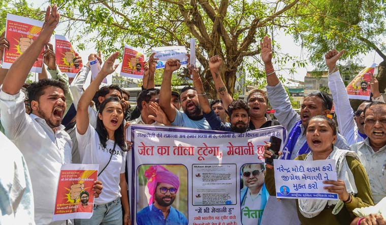 Supporters of Jignesh Mevani who shout slogans during a demonstration in Ahmedabad on April 25 | PTI