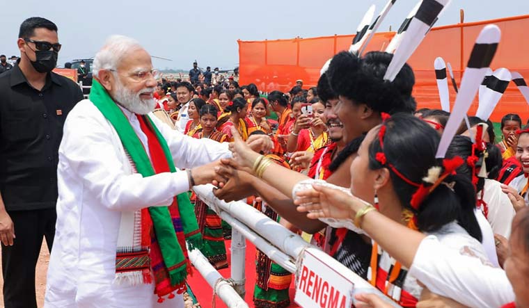 Prime Minister Narendra Modi arrives to address the 'Unity, Peace and Development' rally at Loringthepi in Karbi Anglong district | PTI