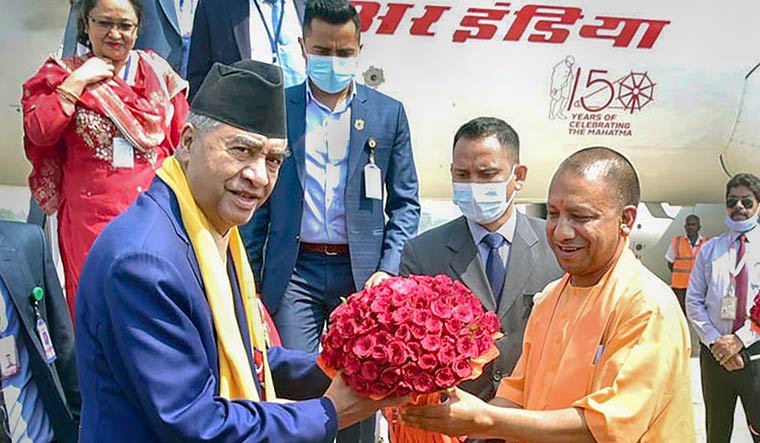 Nepal PM Sher Bahadur Deuba being greeted by UP CM Yogi Adityanath in Varanasi | Twitter