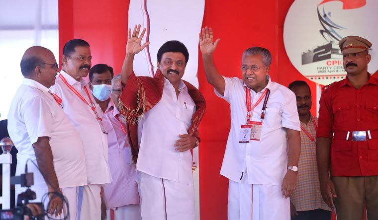 Kerala CM Pinarayi Vijayan and Tamil Nadu CM M.K. Stalin wave to the audience at a CPI(M) seminar in Kannur | PTI
